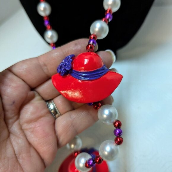 Purple & RED HAT SOCIETY Beaded NECKLACE Faux Pearl 40" Handmade Signed - Picture 6 of 9